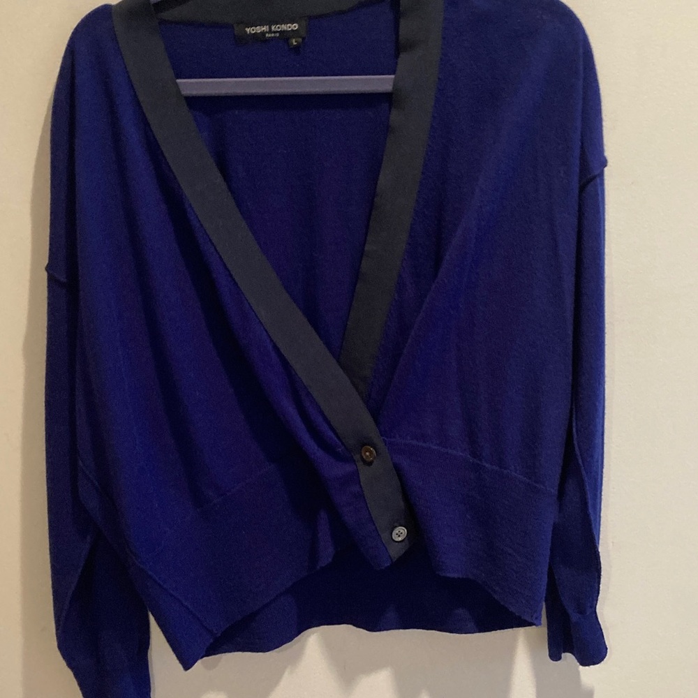 Yoshi Kondo Women's Deep Blue V-Neck Button Cardigan.  Front is  
asymmetrical